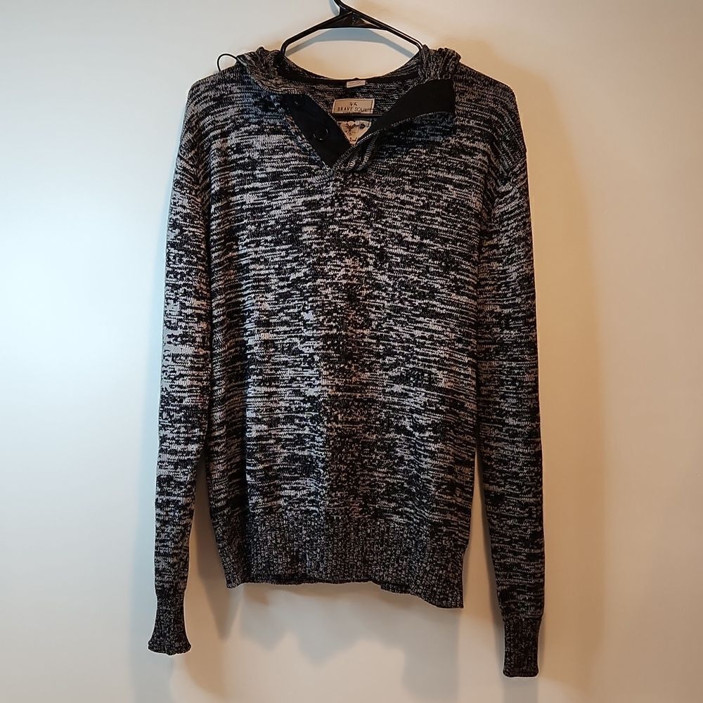 Brave Soul London 1/4 Button Hooded Sweater Hoodie Men's Size XL Black/Gray